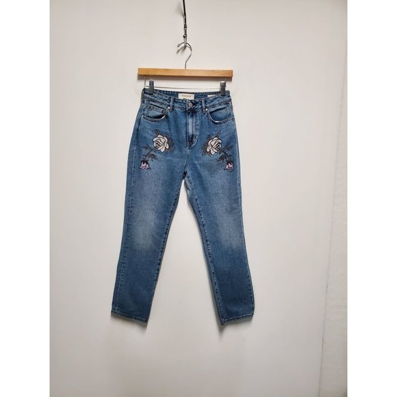 PacSun Mom Jeans Size 25 High Waist Embroidered Floral Ankle Length Light Wash - Picture 2 of 7